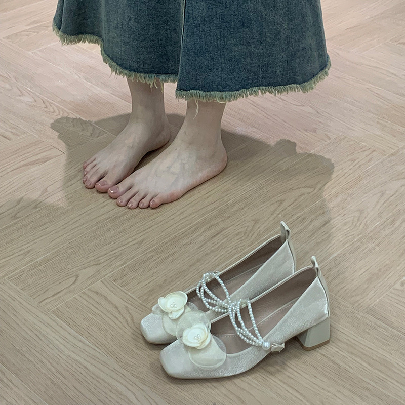 小香风玛丽珍高跟鞋婚鞋禾秀婚纱两穿主婚纱珍珠绸缎伴娘鞋