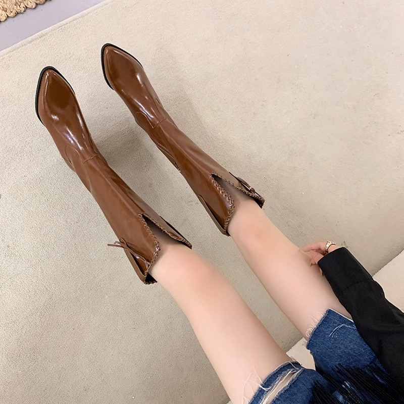 靴子女西部牛仔靴中跟不过膝长靴复古高筒靴粗跟口骑士靴长筒靴