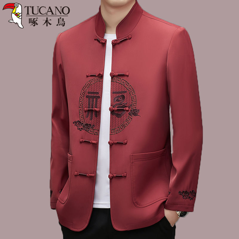 啄木鸟唐装男士长袖外套中国风爸爸装春秋中山装老年人薄款褂子