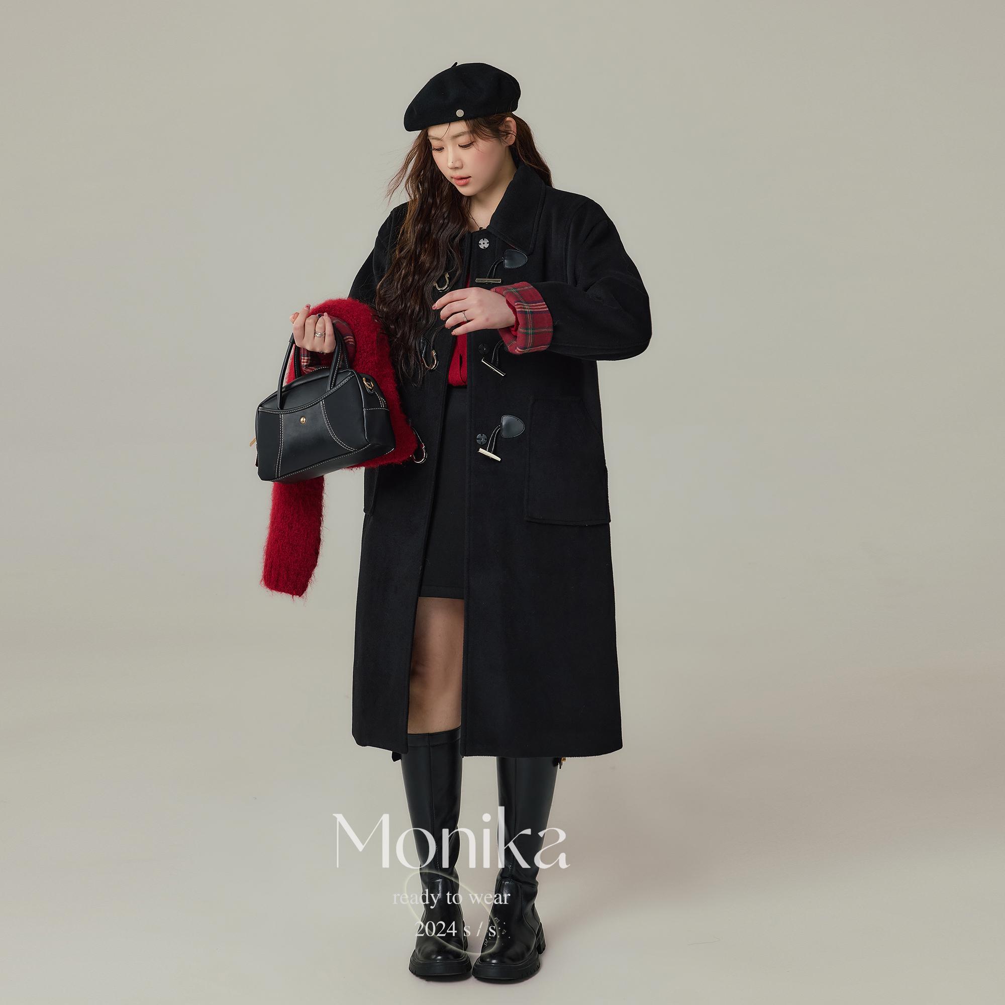 大码女装设计感韩版拼接格子毛呢外套冬季加厚中长款大衣75705