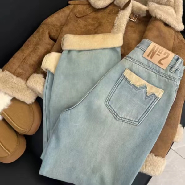 加绒加厚高腰阔腿牛仔裤女2023年冬季新款休闲宽松直筒拖地裤浅色