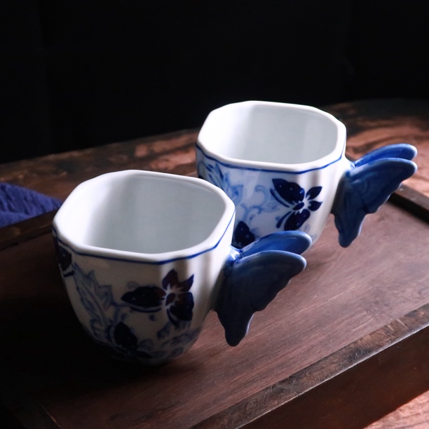 青花瓷白瓷蝴蝶水杯高温陶瓷咖啡杯花茶杯茶具家用牛奶杯豆浆杯