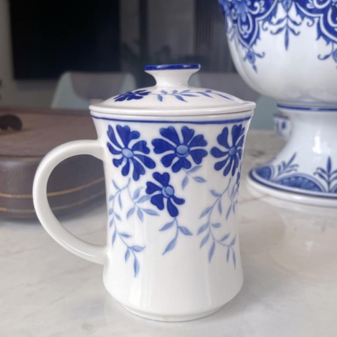 中式手绘青花陶瓷手工办公室茶杯带盖办公杯骨瓷水杯复古陶瓷杯子