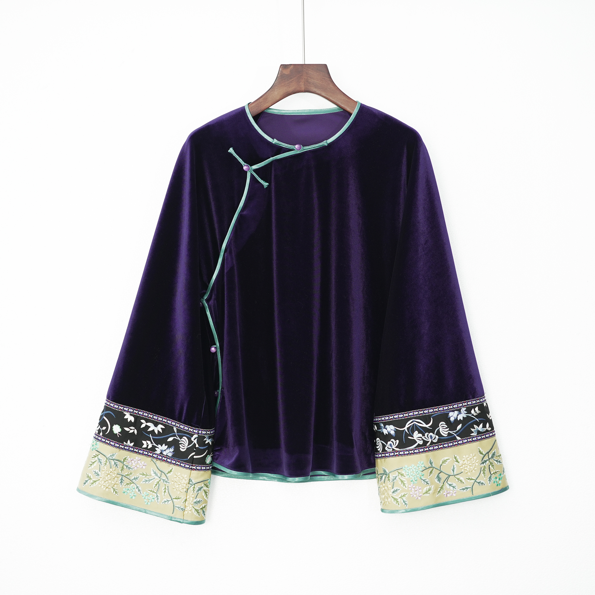 秋冬女士上衣中国风传统国风中式手工刺绣丝绒上衣打底衫