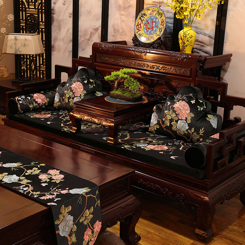 牡丹花绒布刺绣圈椅垫茶椅坐垫沙发垫定制海绵垫抱枕含芯护腰靠垫