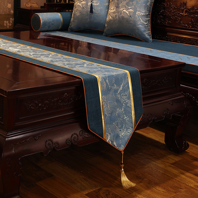 沧海新中式桌旗绸缎茶台布艺长条茶几桌餐边柜茶台垫布桌旗盖布