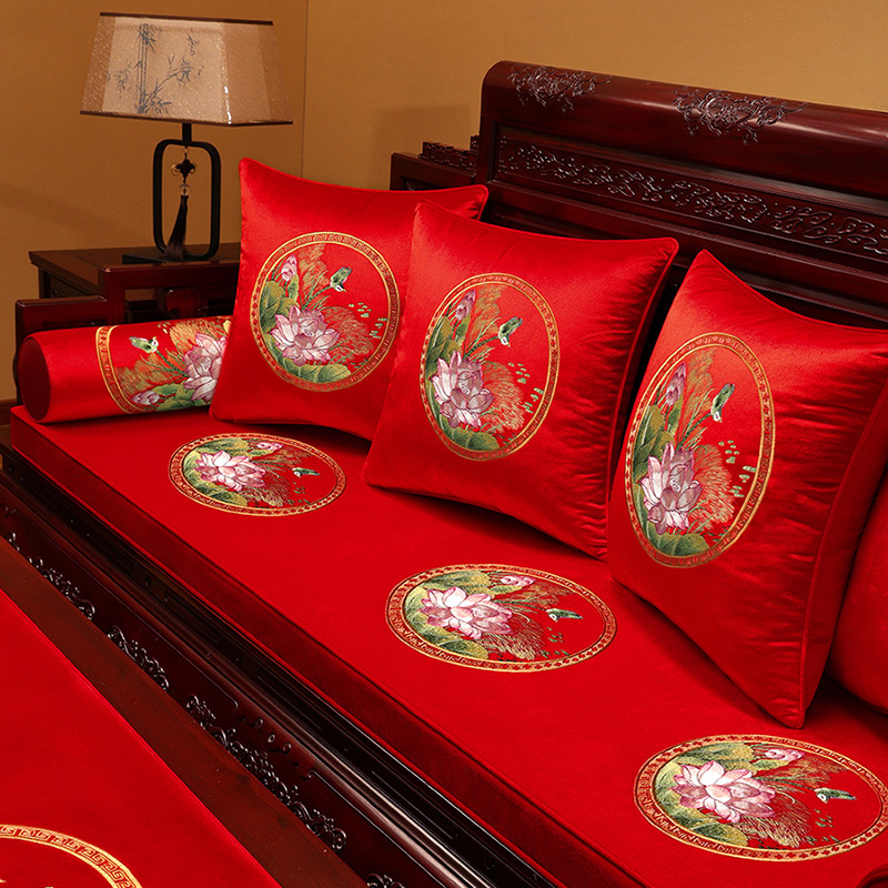 【绒布荷花B】新中式沙发垫坐垫秋冬绒面座垫椅子垫红木沙发绒布罩