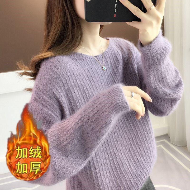 圆领套头毛衣女2023年秋冬季新款韩版纯色宽松外穿打底针织衫上衣