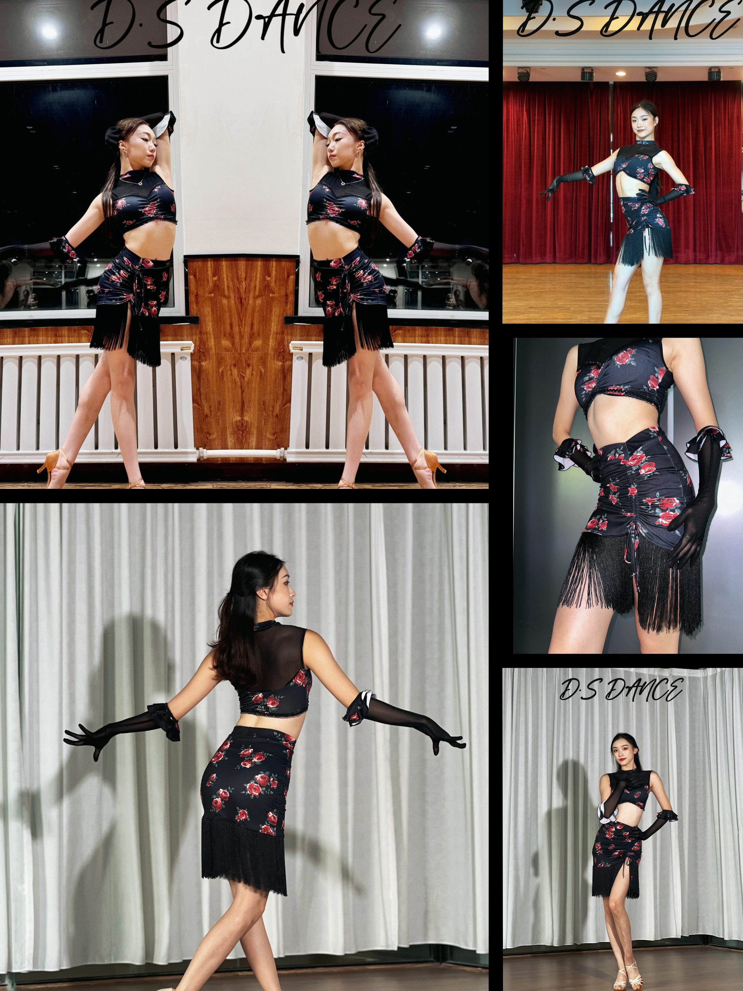 D·S拉丁舞服玫瑰印花流苏套装高级感设计国标拉丁艺考练功服
