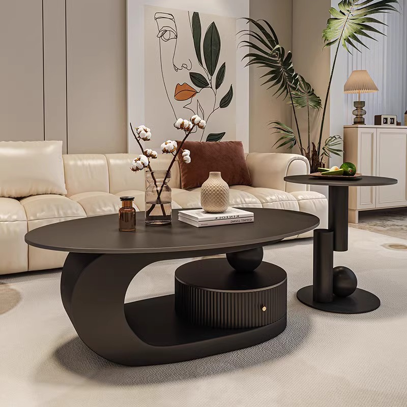 创意椭圆形茶几轻奢现代极简储物岩板桌家用客厅艺术设计师高级感