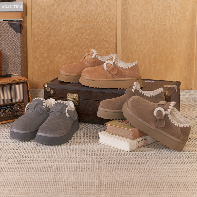 紫涵厚度加绒博肯鞋女冬季新款牛皮绒一脚蹬防滑保暖雪地靴