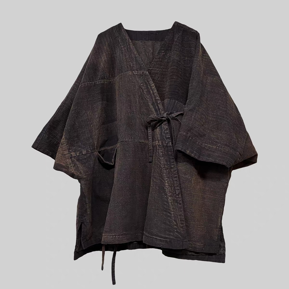 沉香布衣草堂 老布双层系带开衫 古古麦 做旧斑驳随拼中长衣外套