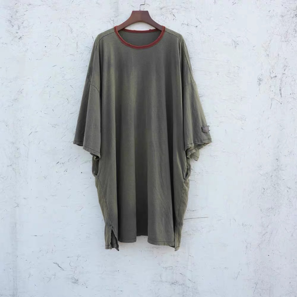 沉香布衣草堂几见麻棉超宽松中长款圆领拼接做旧斑驳感棉t