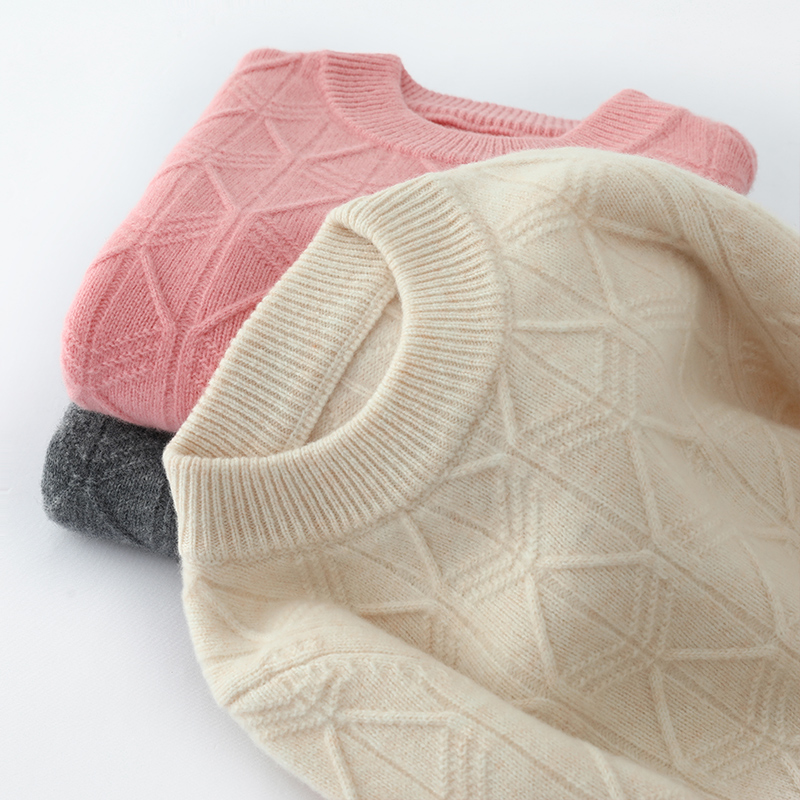 重工花型鱼骨纹儿童羊毛衫100%双股加厚半高领男女百搭宽松纯色