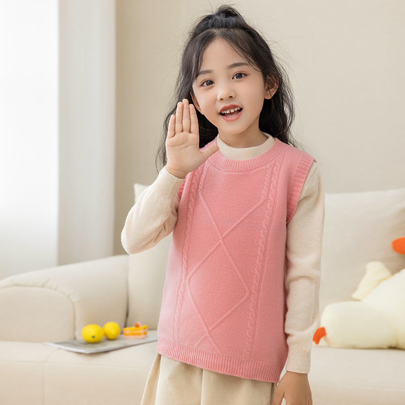 24款儿童加厚花纹马甲100%羊毛背心女童针织衫春秋洋气打底宝宝