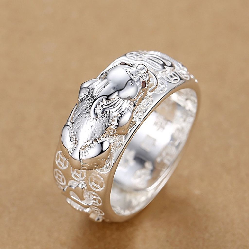 足银戒指 足银六字箴言心经男士戒指复古风格霸气潮流个性时尚