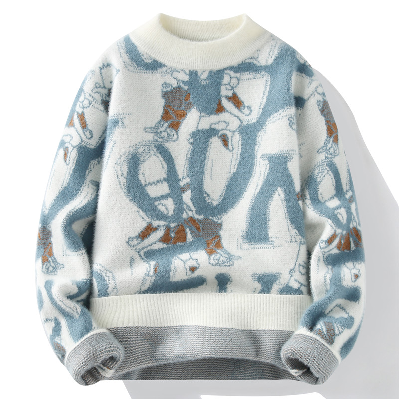 2023新款男士宽松潮牌情侣毛衫秋季青少年潮男毛衣圆领加绒加厚