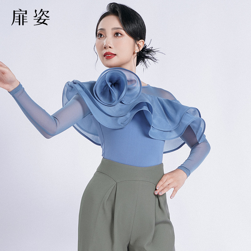 扉姿 摩登舞服女秋装荷叶边连体衣交谊舞练功服优雅长袖上衣F1175