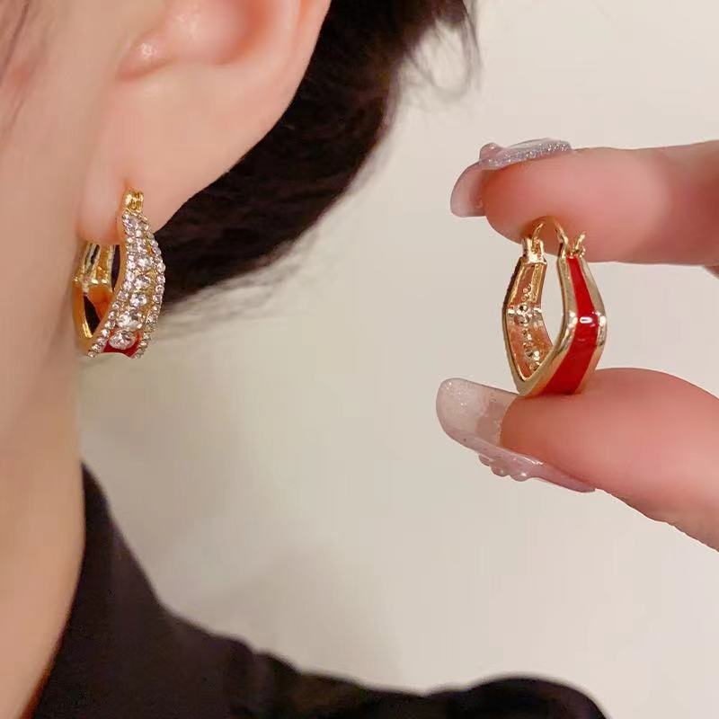 铜合金合成锆石耳饰 复古简约时尚锆石滴油双面戴几何耳扣767