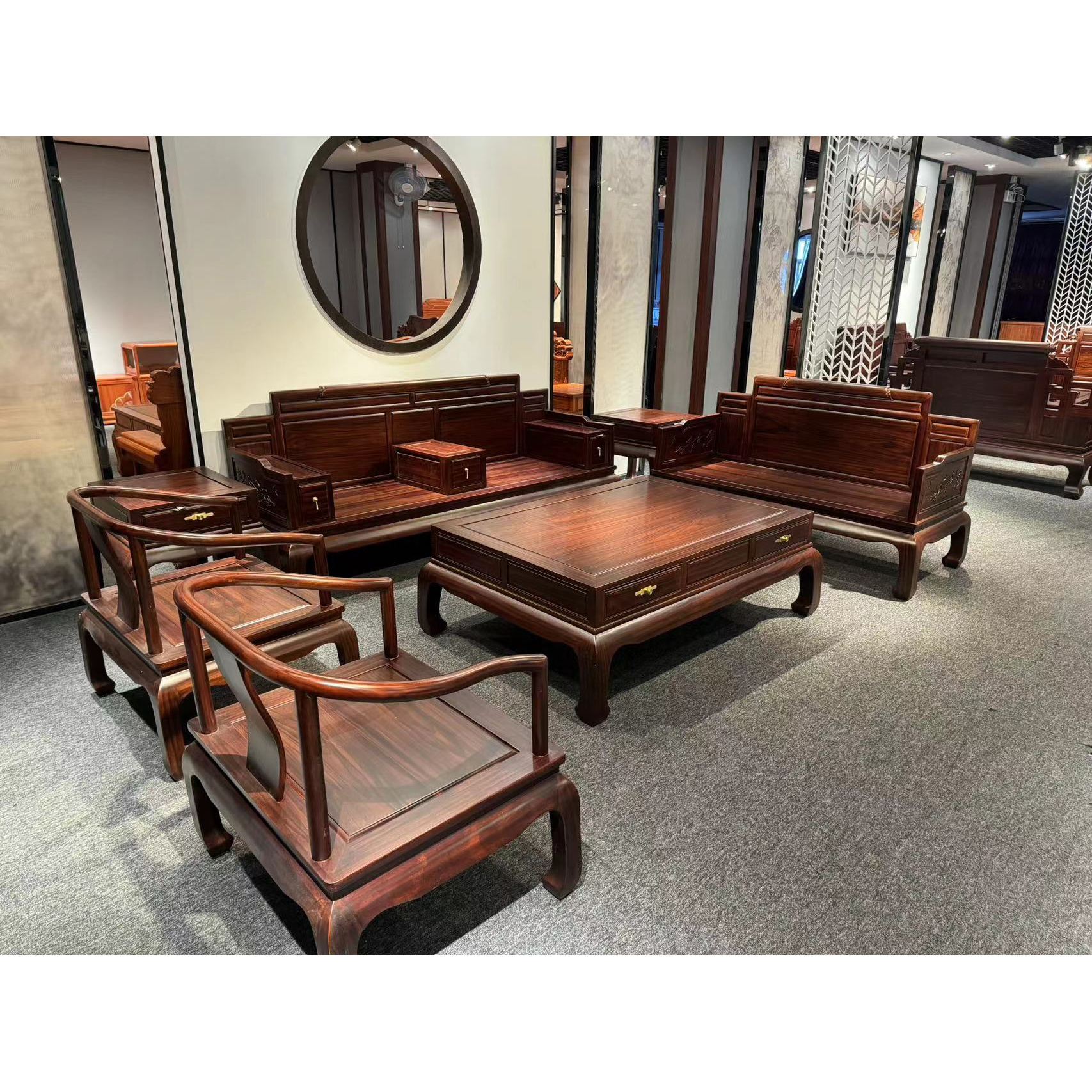 大叶酸枝新中式网红沙发1123八件套占地尺寸长4米宽2.5米