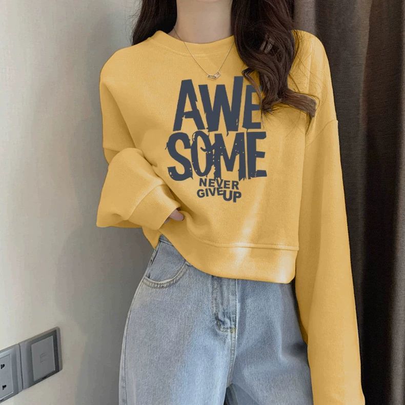 圆领套头短款卫衣女加绒加厚秋冬长袖上衣高腰显瘦小个子春秋薄款