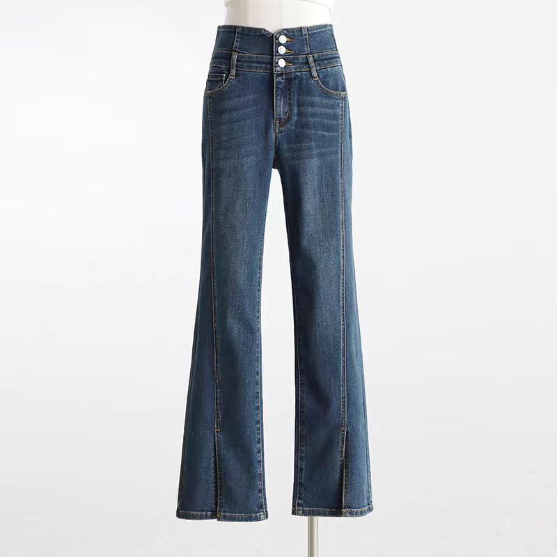 复古蓝高腰弹力修身显瘦微喇牛仔裤女