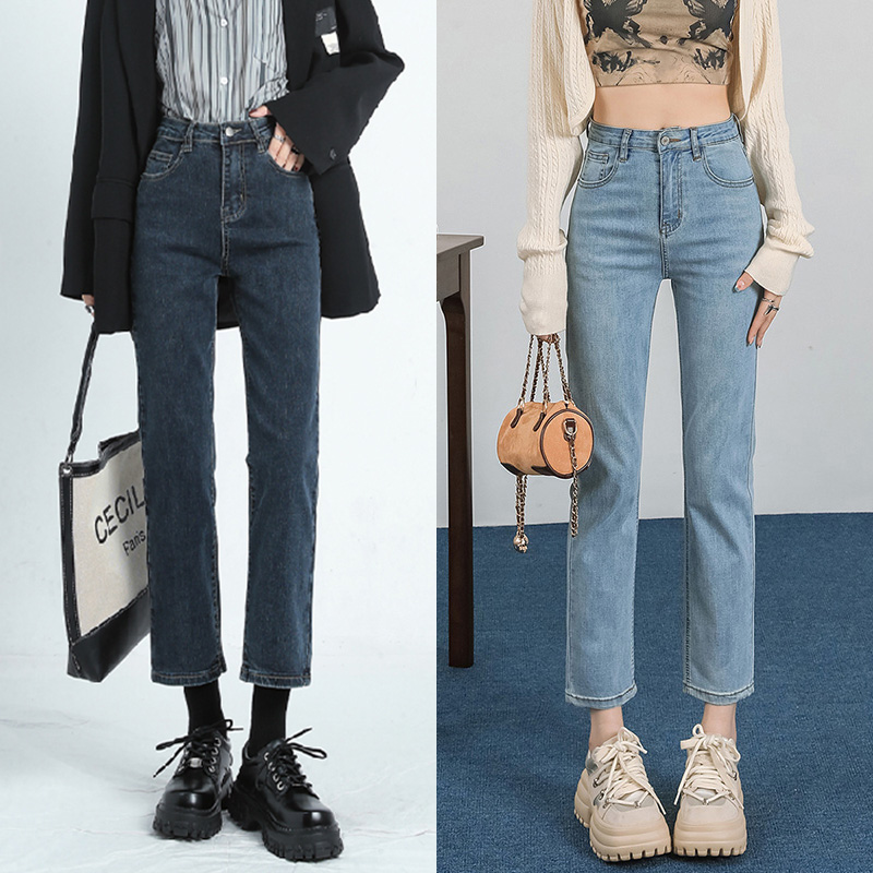 2024秋蓝灰色小直筒牛仔裤女高腰显瘦八分九分黑色小个子烟管裤女