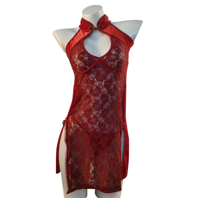 性感后背绑带镂空诱惑旗袍蕾丝古典制服套装