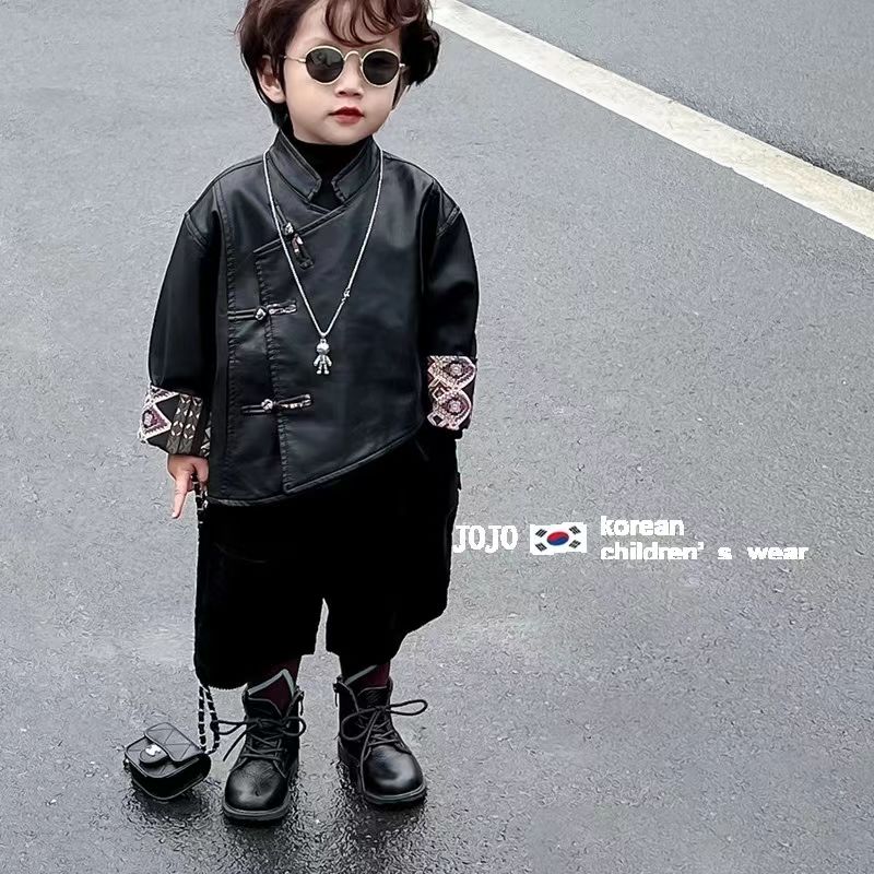 童装男童春秋款2024儿童国风皮衣加绒外套冬季小童男女宝宝夹克