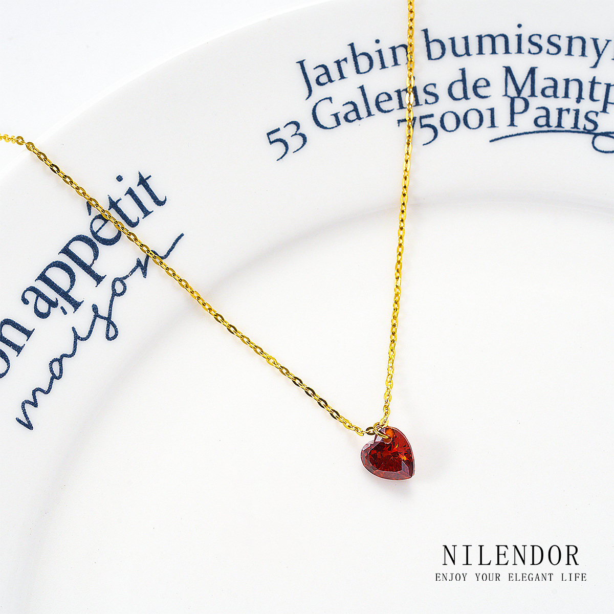 NILENDOR/昵兰 钛钢合成锆石项链 XL-405时尚气质红色爱心锁骨链