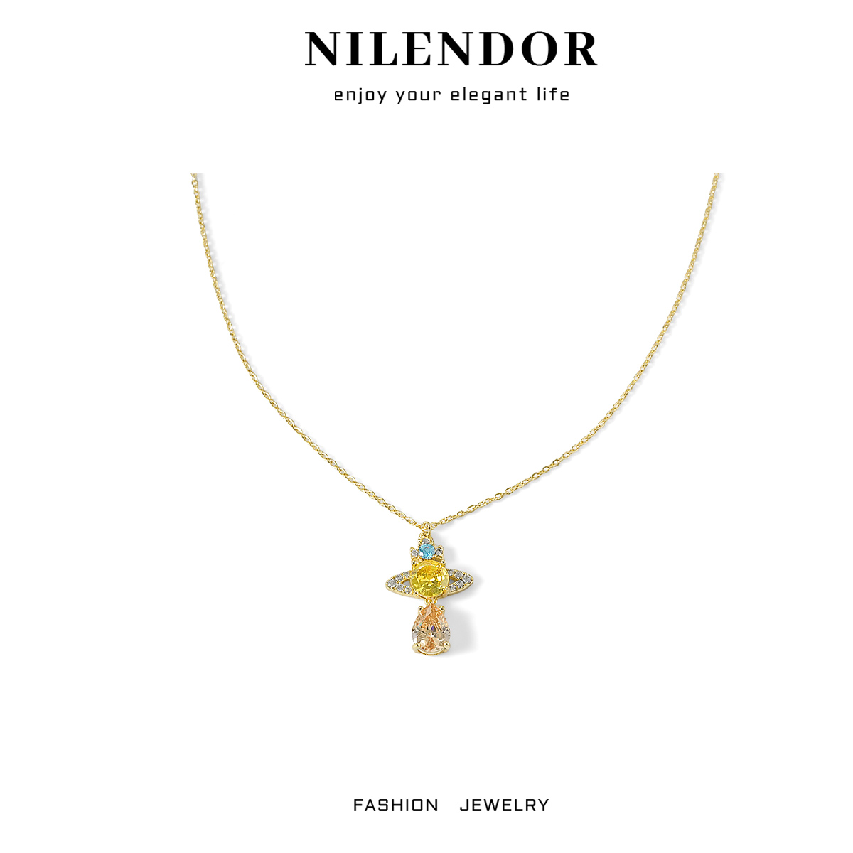 铜合金项链 XL-276轻奢气质满镶土星水滴坠项链