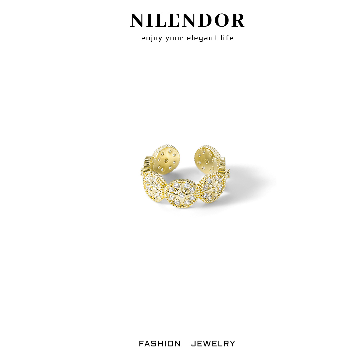 铜合金合成锆石戒指 D-104满镶八芒星开口戒指