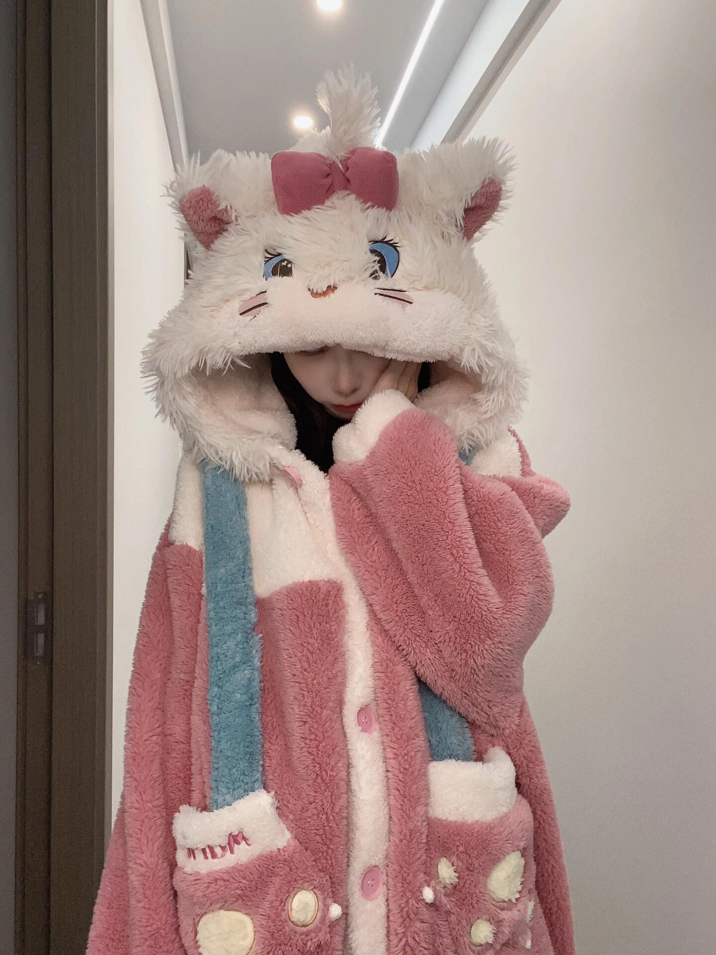 舒棉绒连帽睡衣女秋冬季玛丽猫加绒加厚冬天睡袍少女士家居服套装
