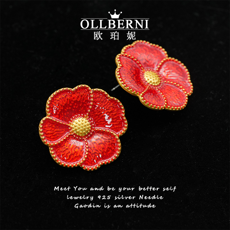 铜合金耳饰 手工红色轻奢古风素款中国风喜庆气质时尚耳钉女-5576