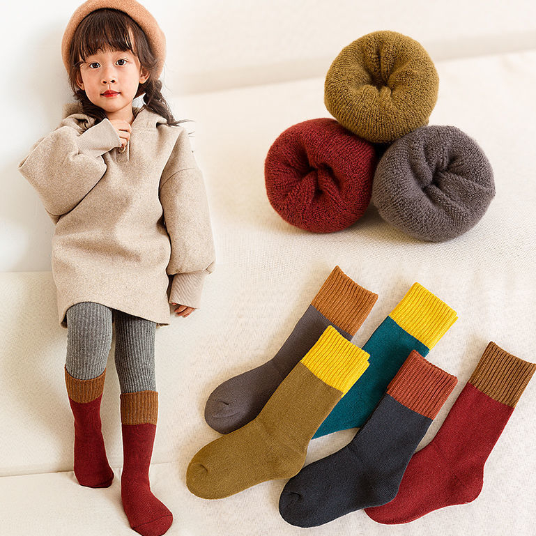 儿童袜子男童袜冬季毛圈加厚加绒保暖中筒大童堆堆宝宝圣诞女童