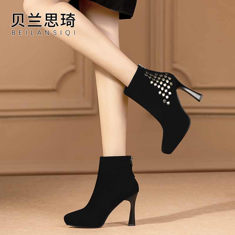 磨砂真皮尖头拼色细跟短靴女2025秋冬季百搭防水台高跟靴子5735