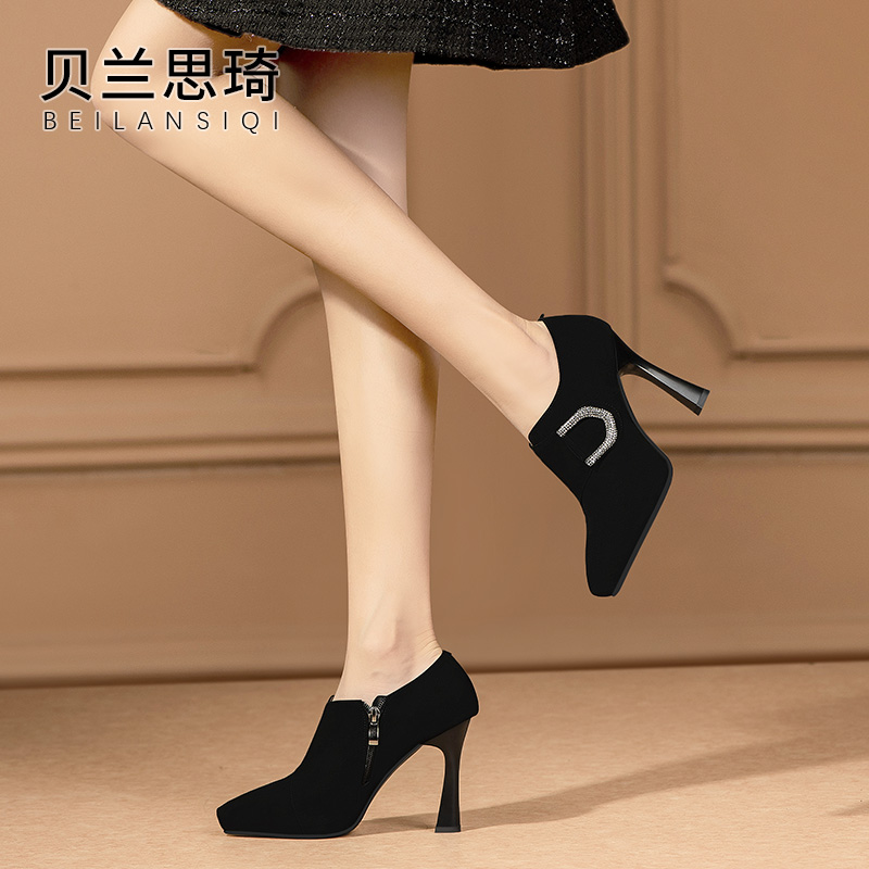 磨砂真皮水钻尖头深口细跟单鞋女2025春秋季性感防水台高跟鞋5743