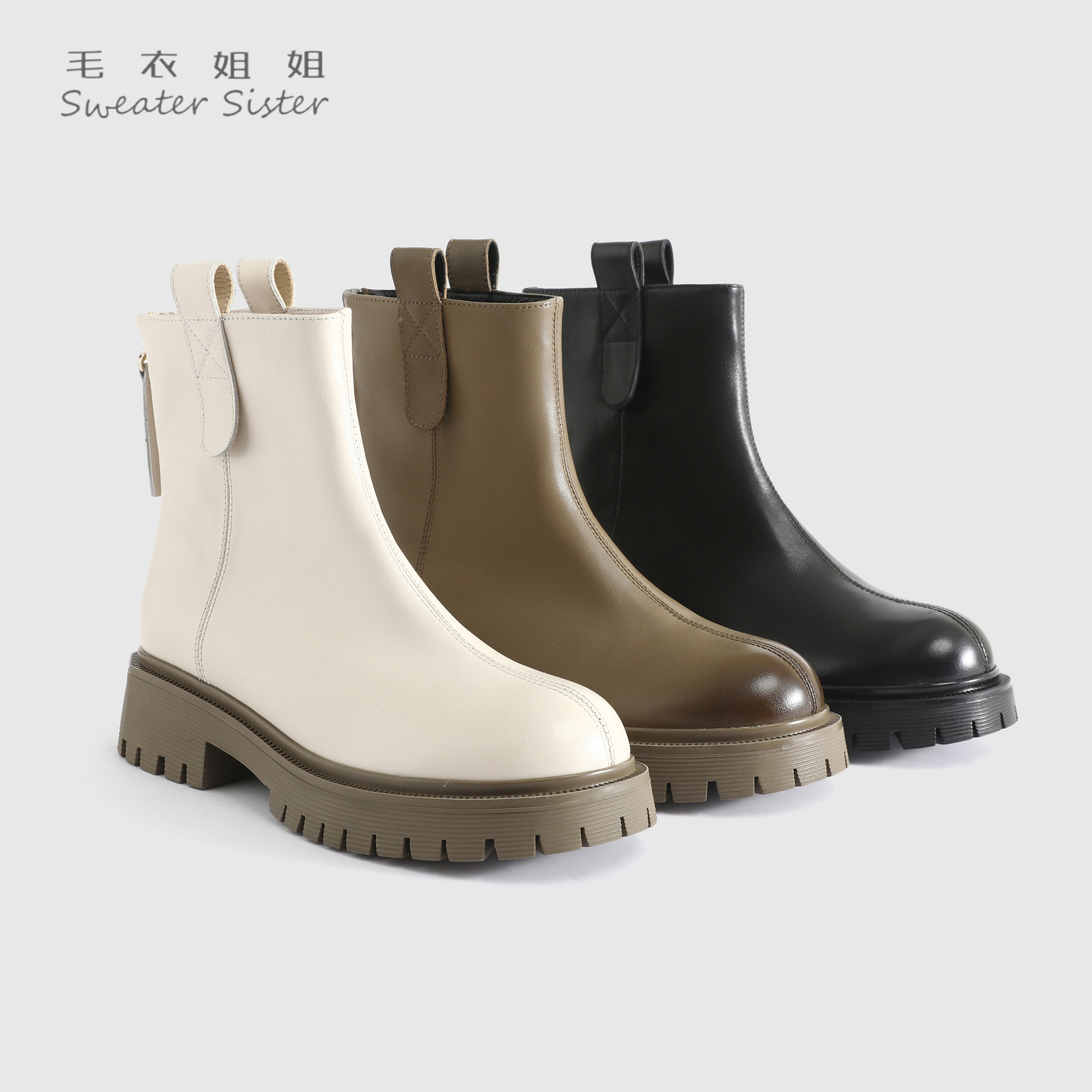 10389新款百搭时尚厚底粗跟圆头靴子女