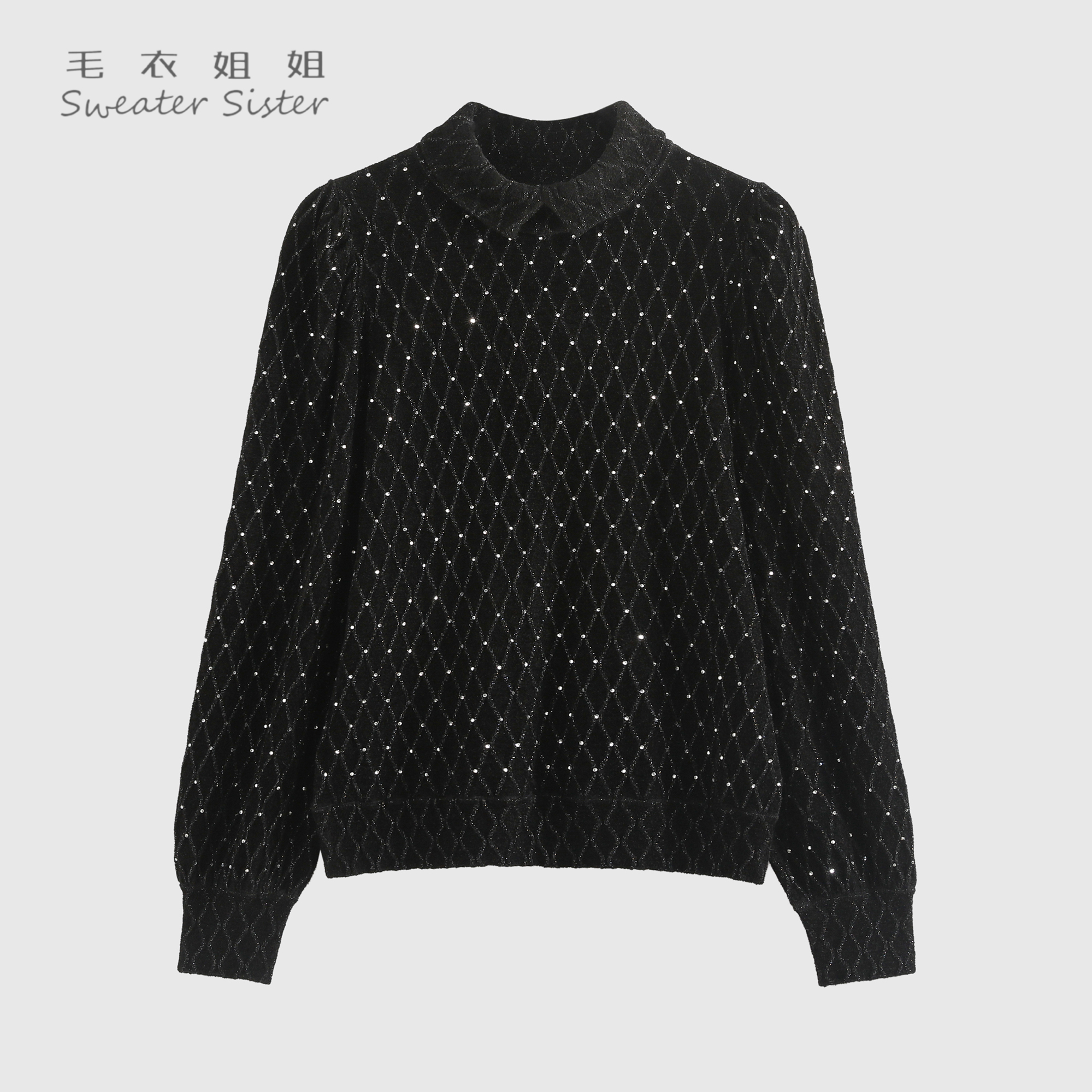 翻领气质菱格提花烫钻针织上衣女150-23516