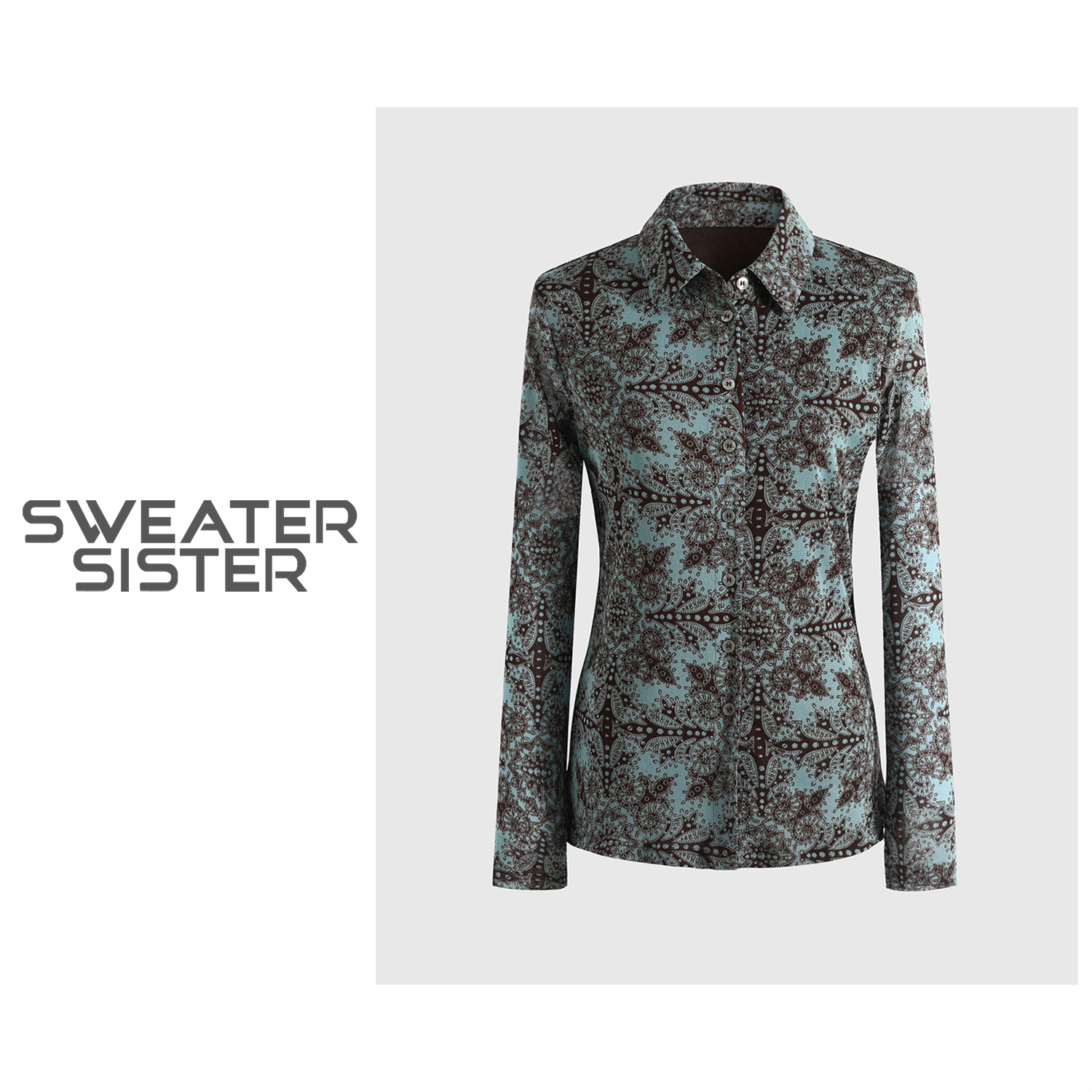 509-191时尚翻领印花网纱衬衫上衣女