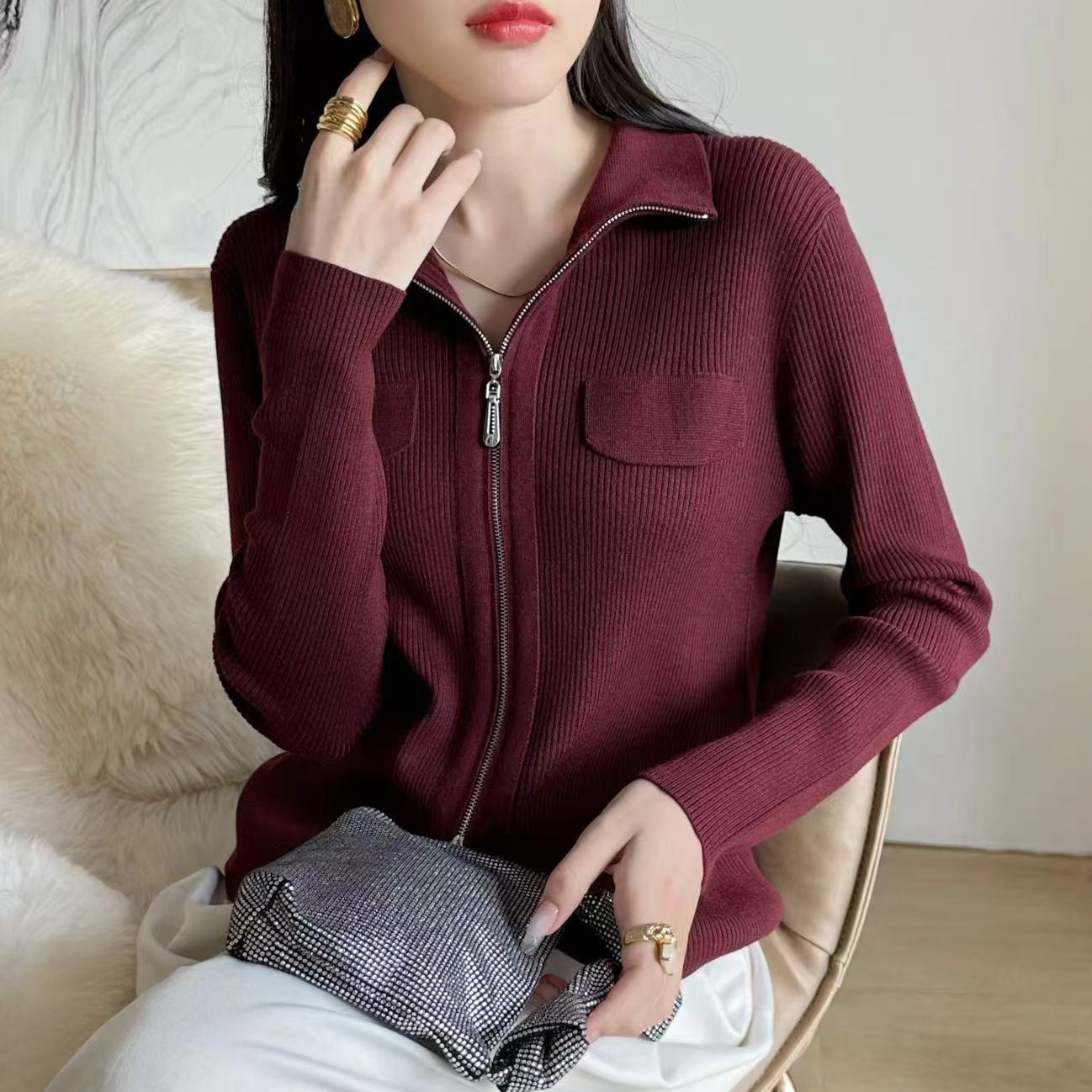 毛衣姐姐秋冬复古百搭翻领坑条双拉链针织开衫外套女084-23165
