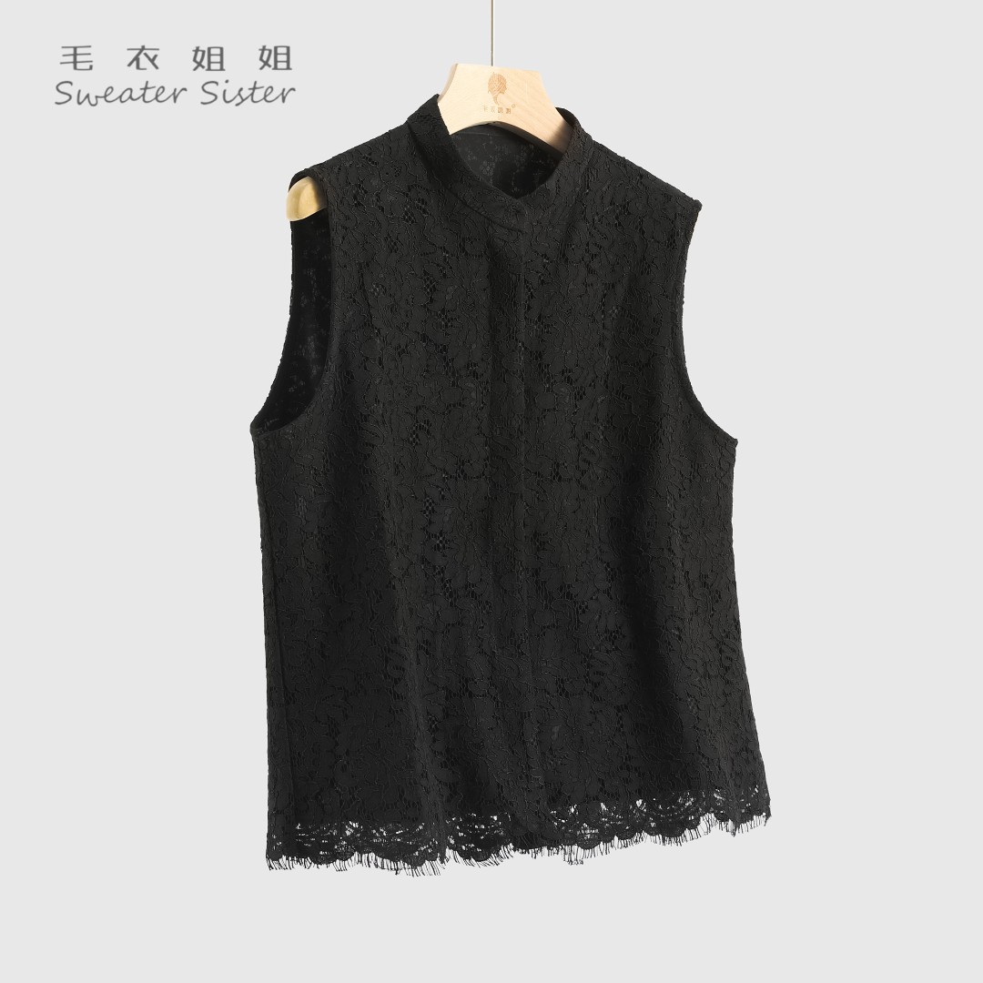 毛衣姐姐 春夏新款通勤小立领蕾丝马甲背心女士马夹开衫515-23017