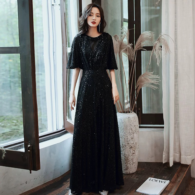 直播链接断码特价黑色亮片遮肚显瘦主持宴会年会晚礼服比赛走秀