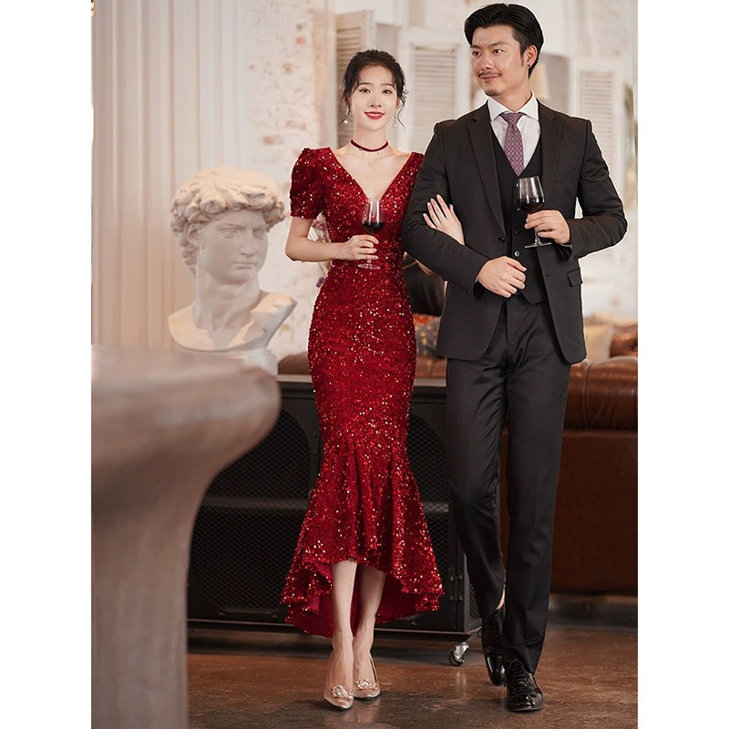直播链接断码特价敬酒服回门新娘订婚服宴会亮片中长酒红色晚礼服