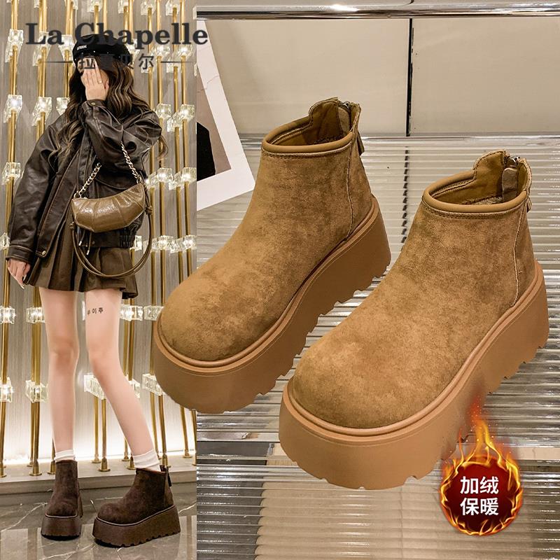 拉夏贝尔厚底雪地靴女2025新款冬季加绒短筒棉鞋复古勃肯鞋马丁靴