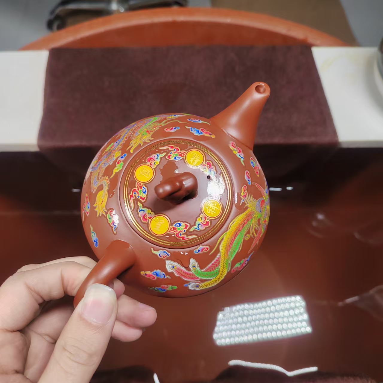 朱泥平步青云龙凤呈祥壶