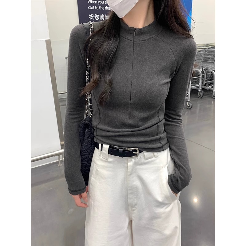 灰色半拉链双面德绒长袖内搭打底衫女秋冬季磨毛修身t恤短款上衣