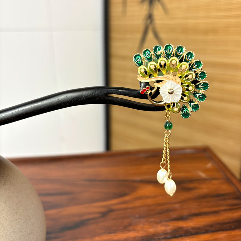 天然黑檀木发簪18cm【孔雀开屏】中国风民族风古风步摇新中式盘发簪