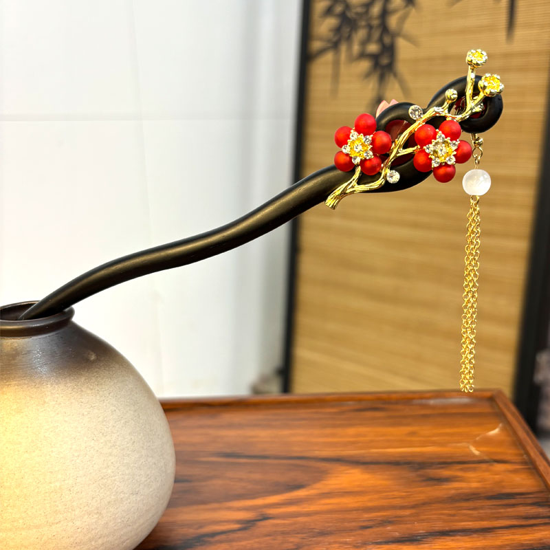 天然黑檀木发簪18cm 【傲雪寒梅】新中式红色簪子古风汉服旗袍发饰