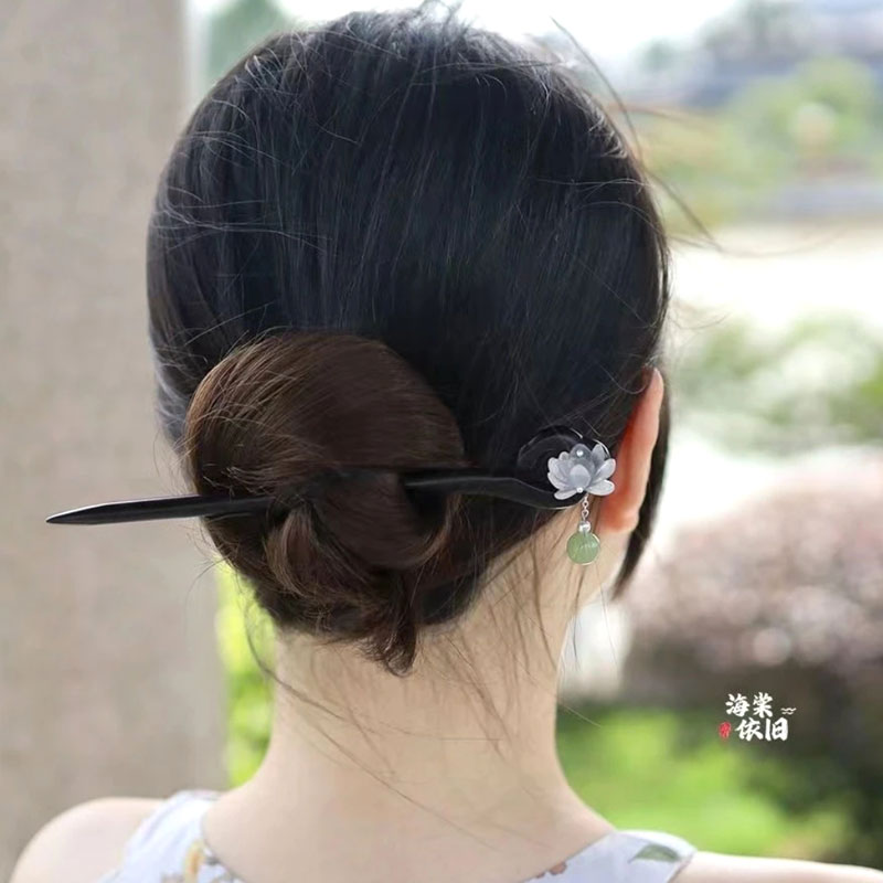 天然黑檀木发簪18cm双面【海棠依旧】民族风古风步摇新中式盘发发簪